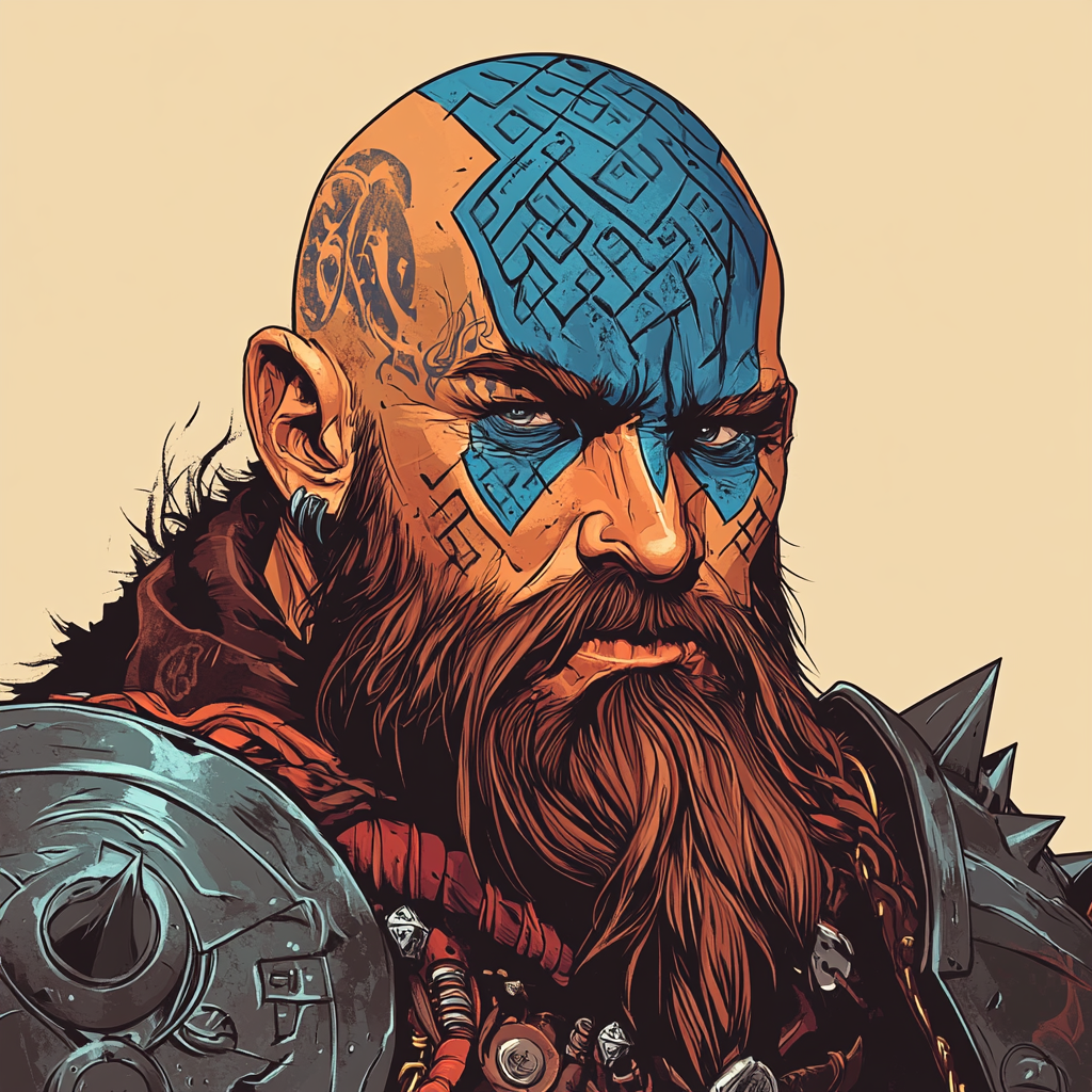 Portrait of Dwarf Bard with Blue Tattoos on Head