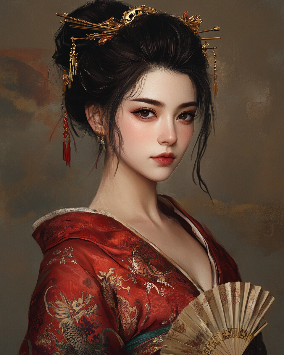 Portrait of Elegant Geisha Ming Li in Red Kimono