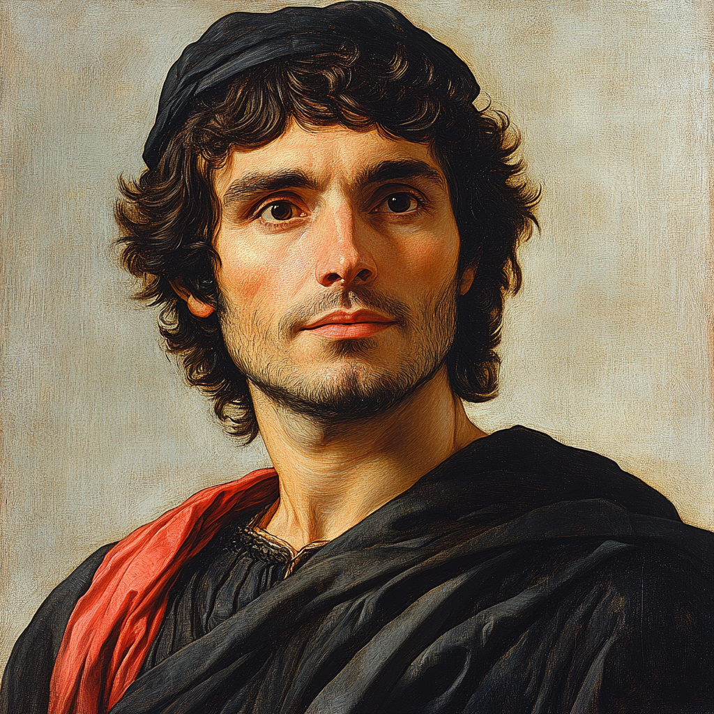 Portrait of Giovanni Boccaccio with curly dark hair.