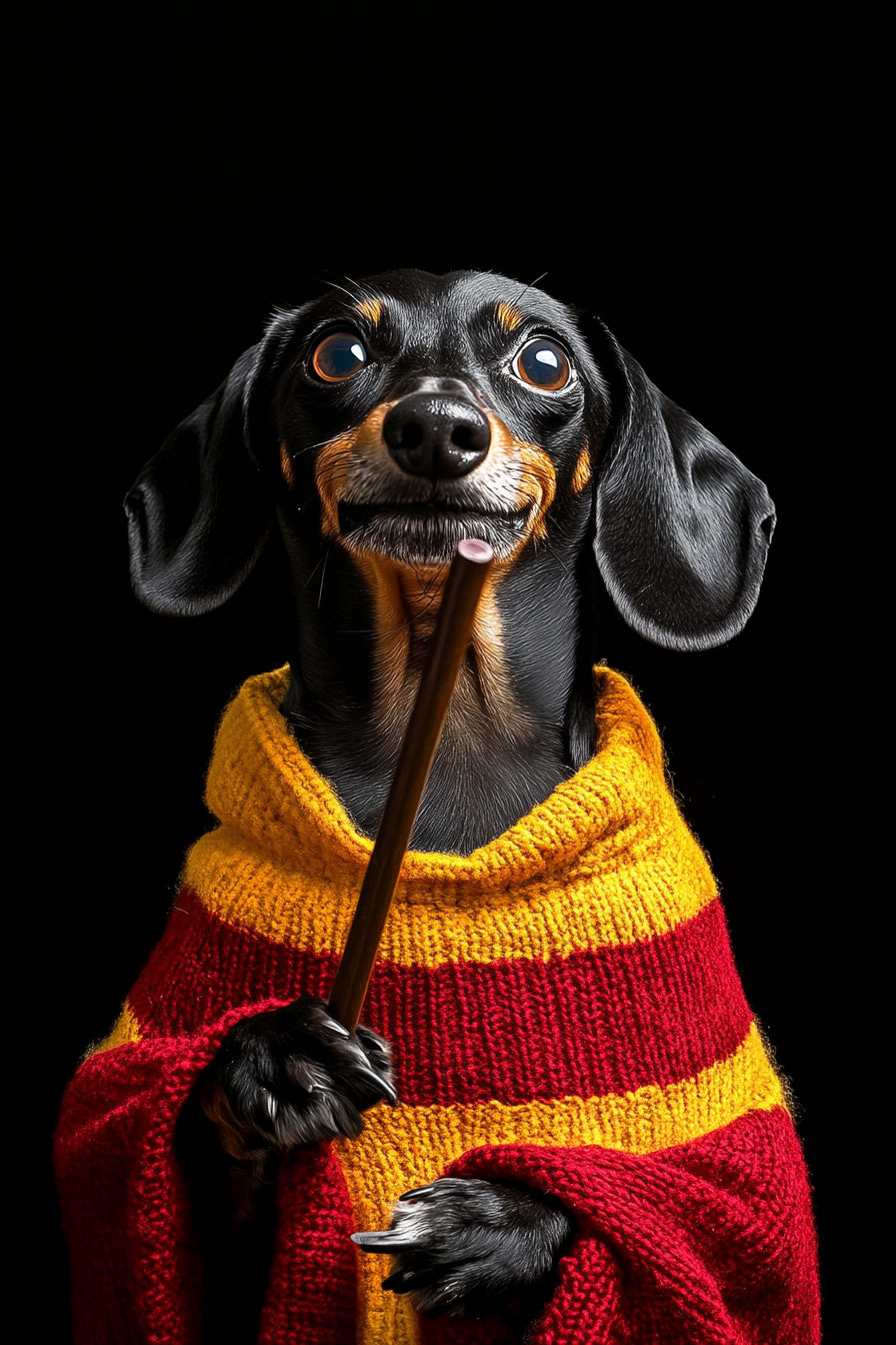 Portrait of Happy Dog in Wizard Costume Casting Spell