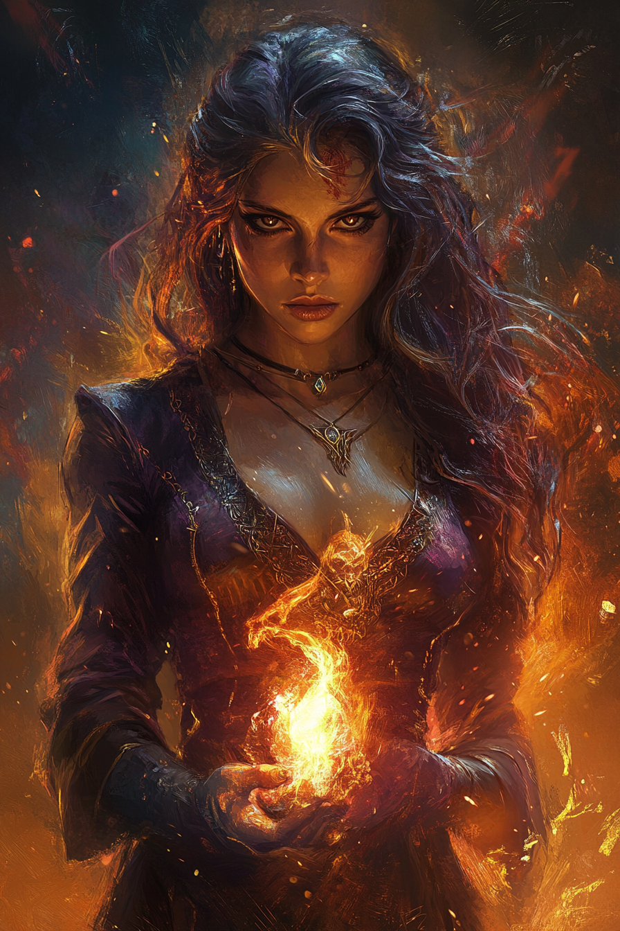 Portrait of Hermione-like Sorceress, inspired by various artists styles.