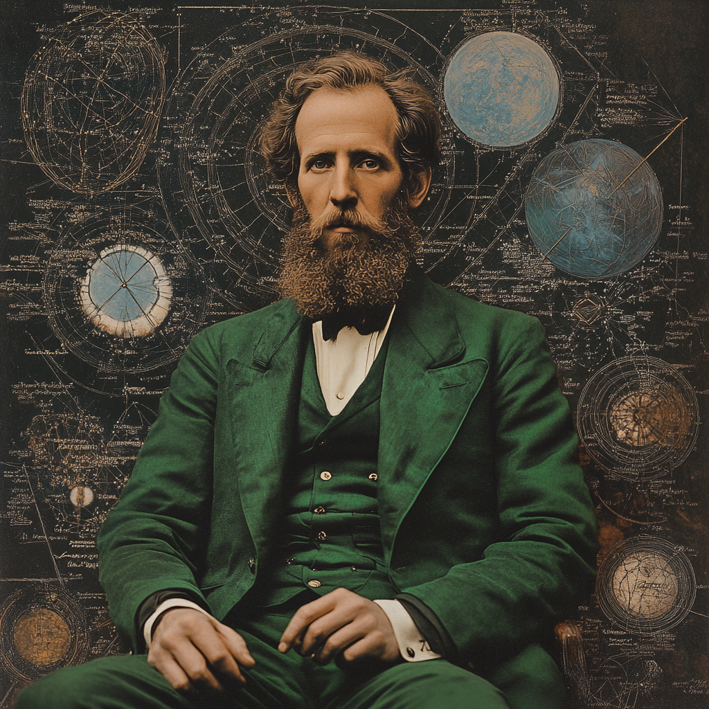 Portrait of James Clerk Maxwell in green suit, surrounded by electromagnetism iconography.