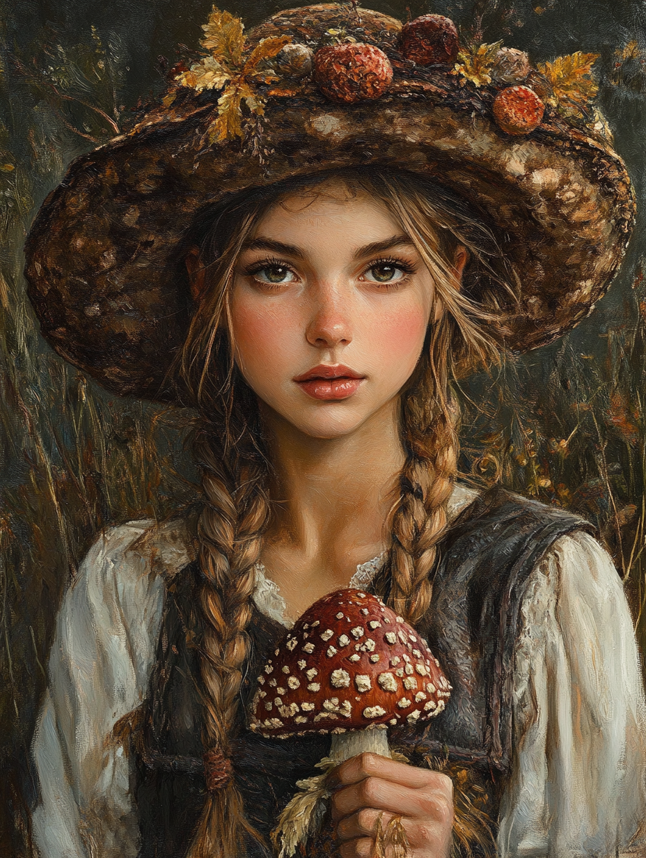 Portrait of Pretty Witch with Toadstool in Forest