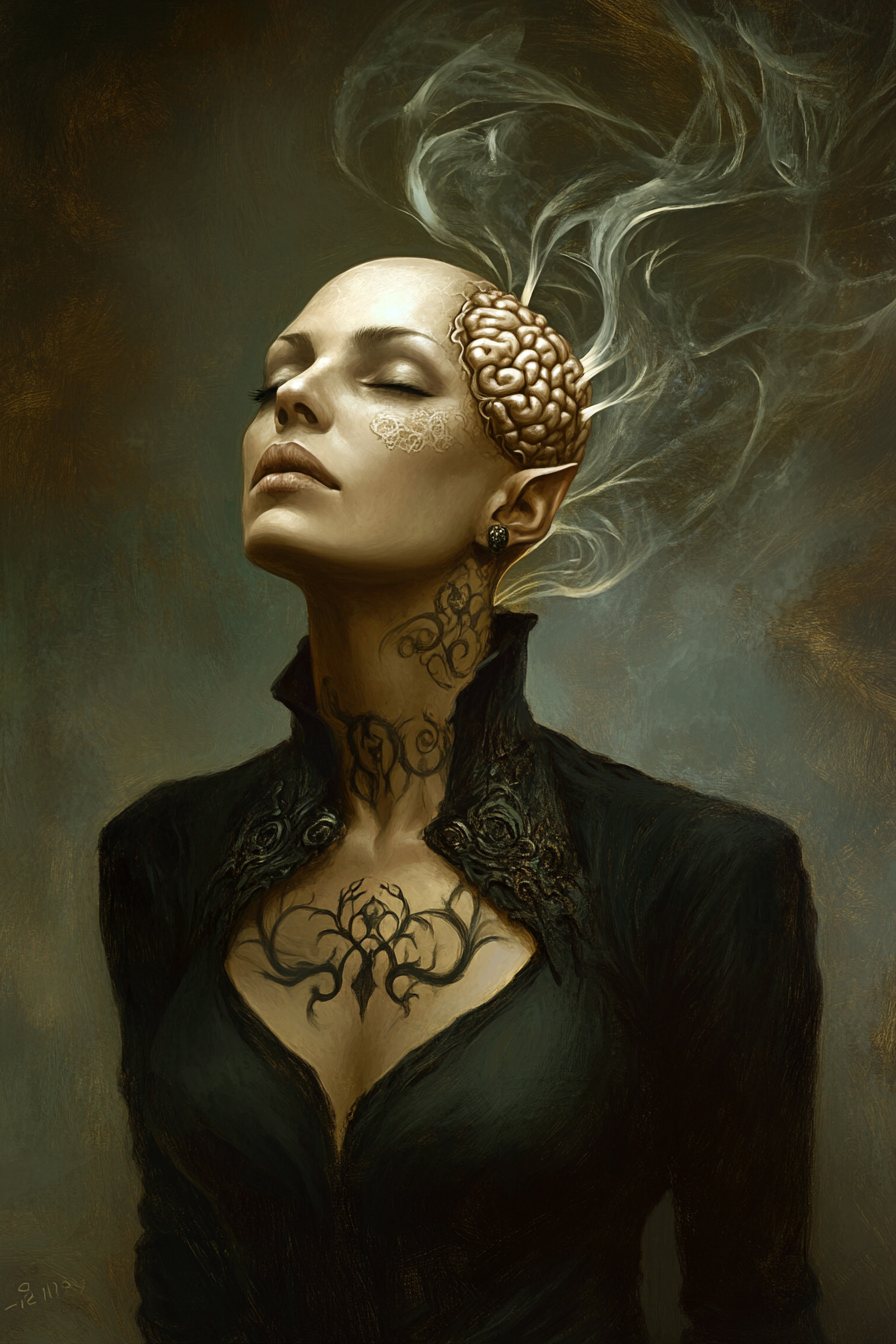 Portrait of a bald witch with brain tattoos.