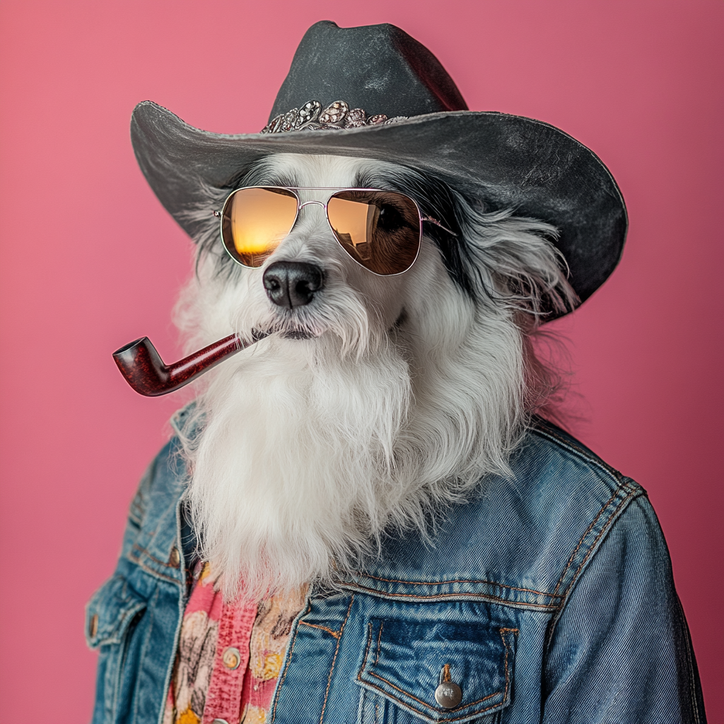 Portrait of a cowboy Border Collie with pipe.