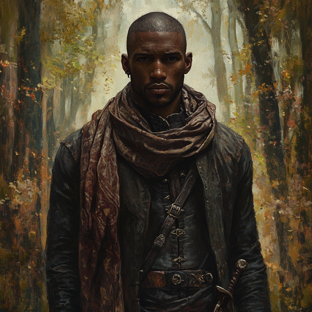 Portrait of a deceptive medieval rogue in forest.