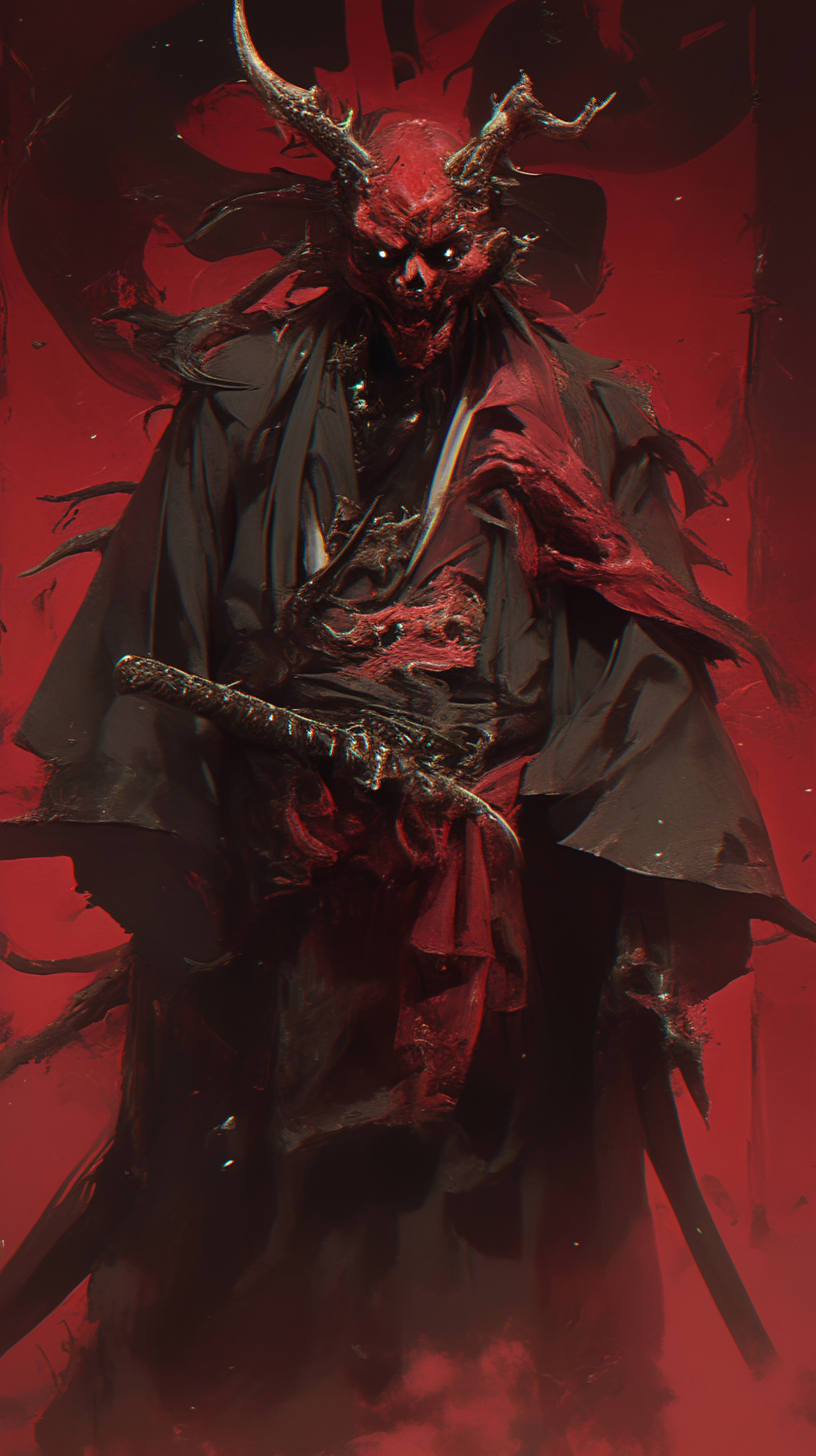 Portrait of a scary red samurai warrior.