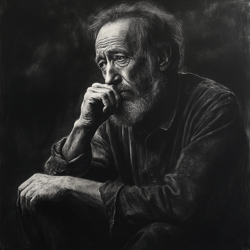 Portrait of author Solzhenitsyn in deep melancholic thought.