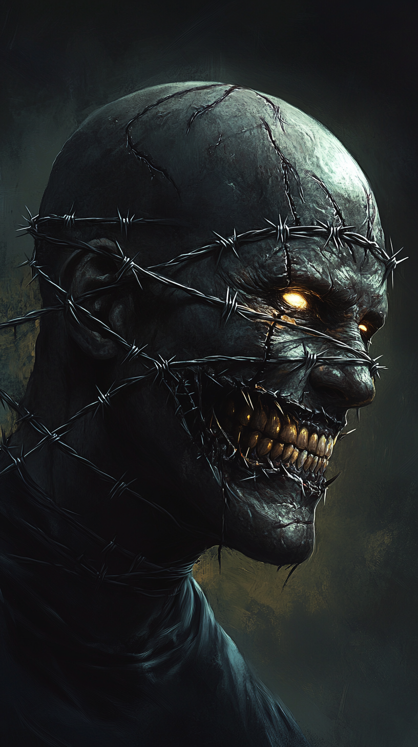 Portrait of bald man with barbed wire, sinister grin.