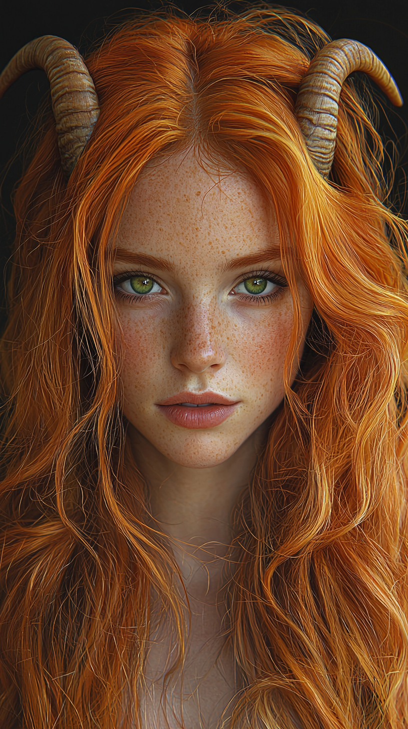 Portrait of beautiful female with ginger hair, goat features.