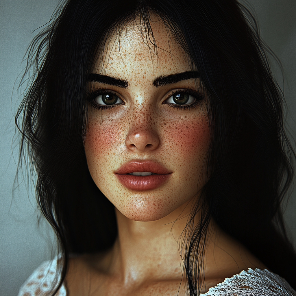 Portrait of beautiful woman with black hair and pointed nose.