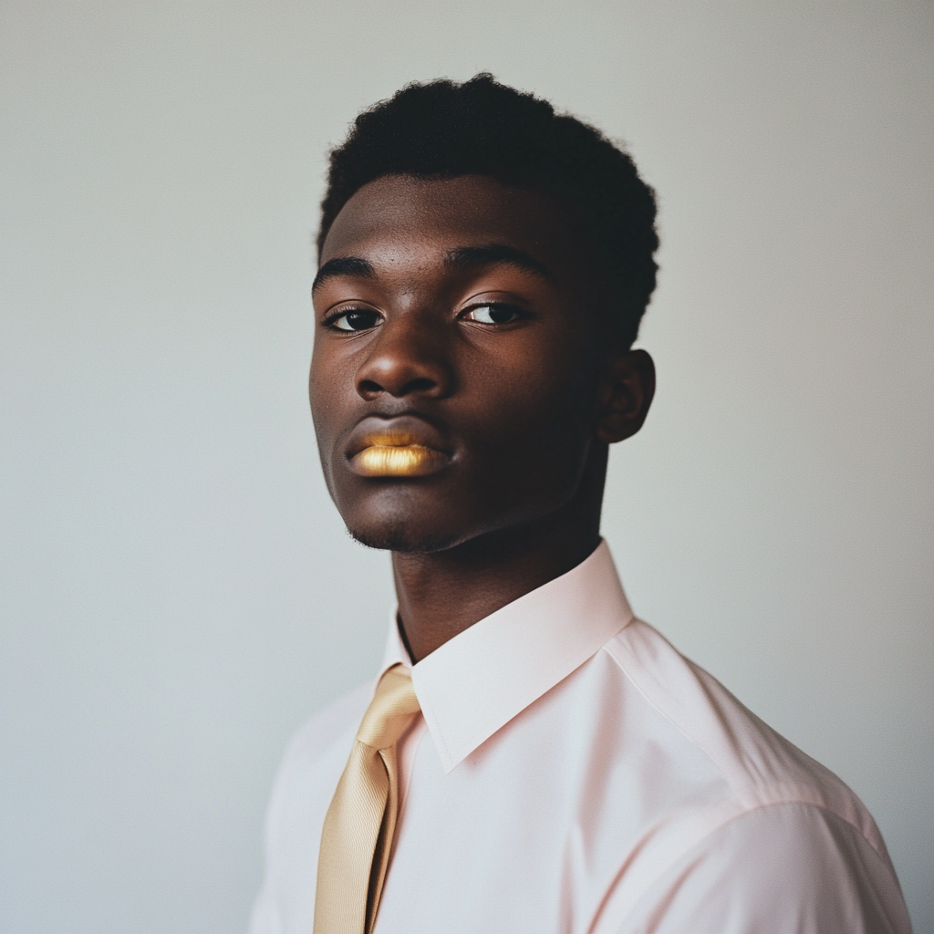 Portrait of black man with golden lipstick, Tillmans-style.