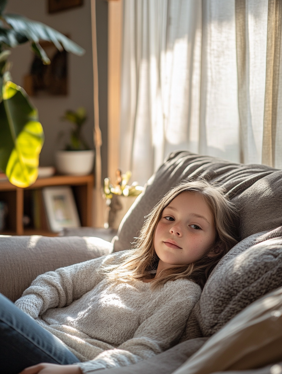 Portrait of chubby 12-year-old girl in cozy room.