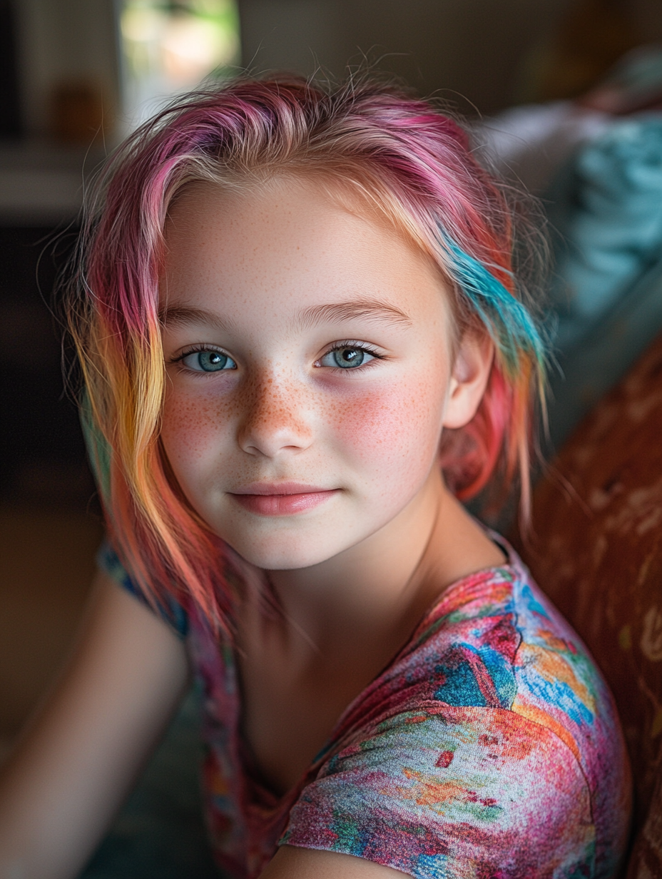 Portrait of chubby 12-year-old girl with colorful hair.