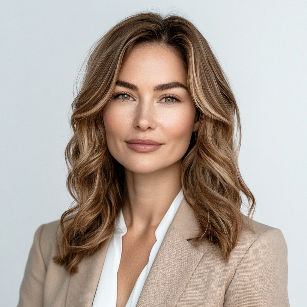 Portrait of confident Caucasian woman in stylish beige blazer