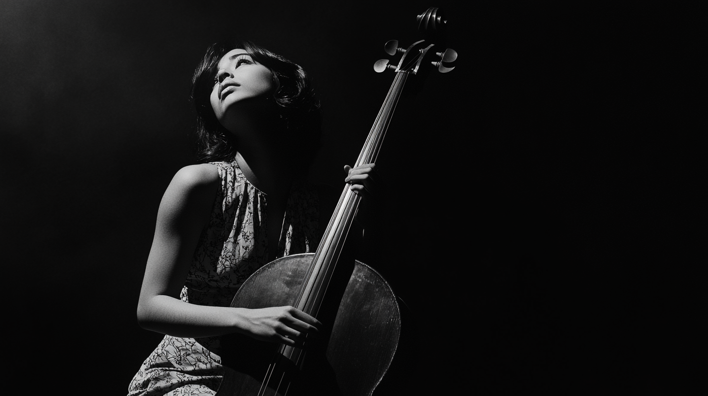 Portrait of female cellist in low light