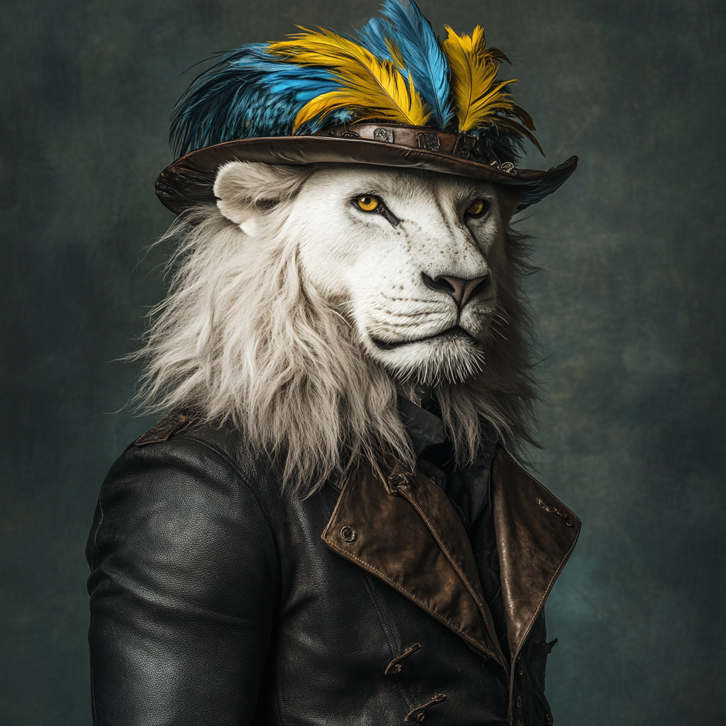 Portrait of fierce lion wearing fantasy armor hat.