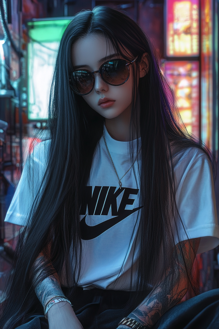 Portrait of girl in Nike sneakers and sunglasses, futuristic vibe