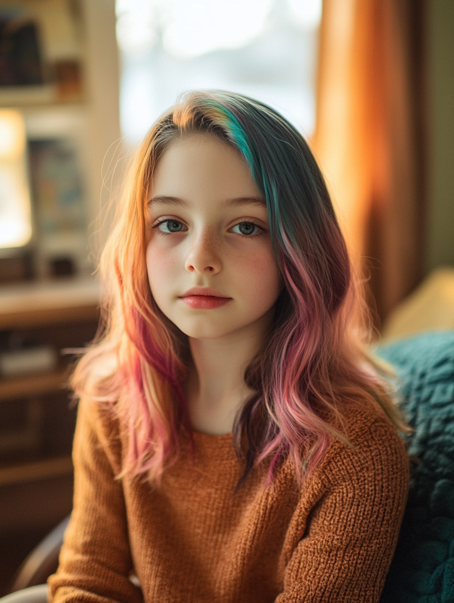 Portrait of girl with colorful hair in cozy room.