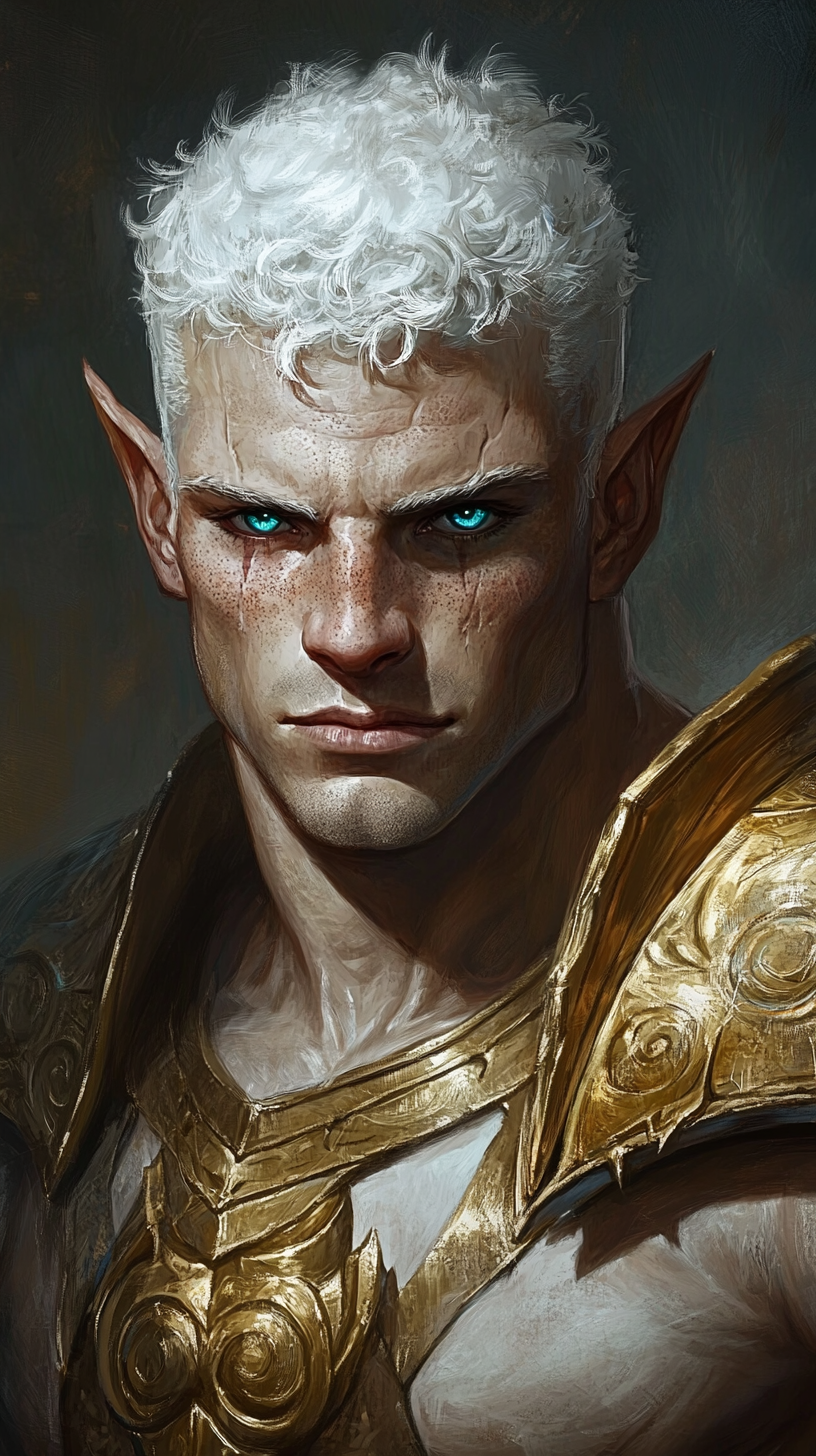 Portrait of half-orc with white hair, blue and gold eyes.