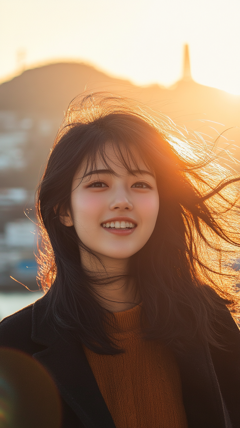 Portrait of happy Japanese student walking in Nagasaki streets.