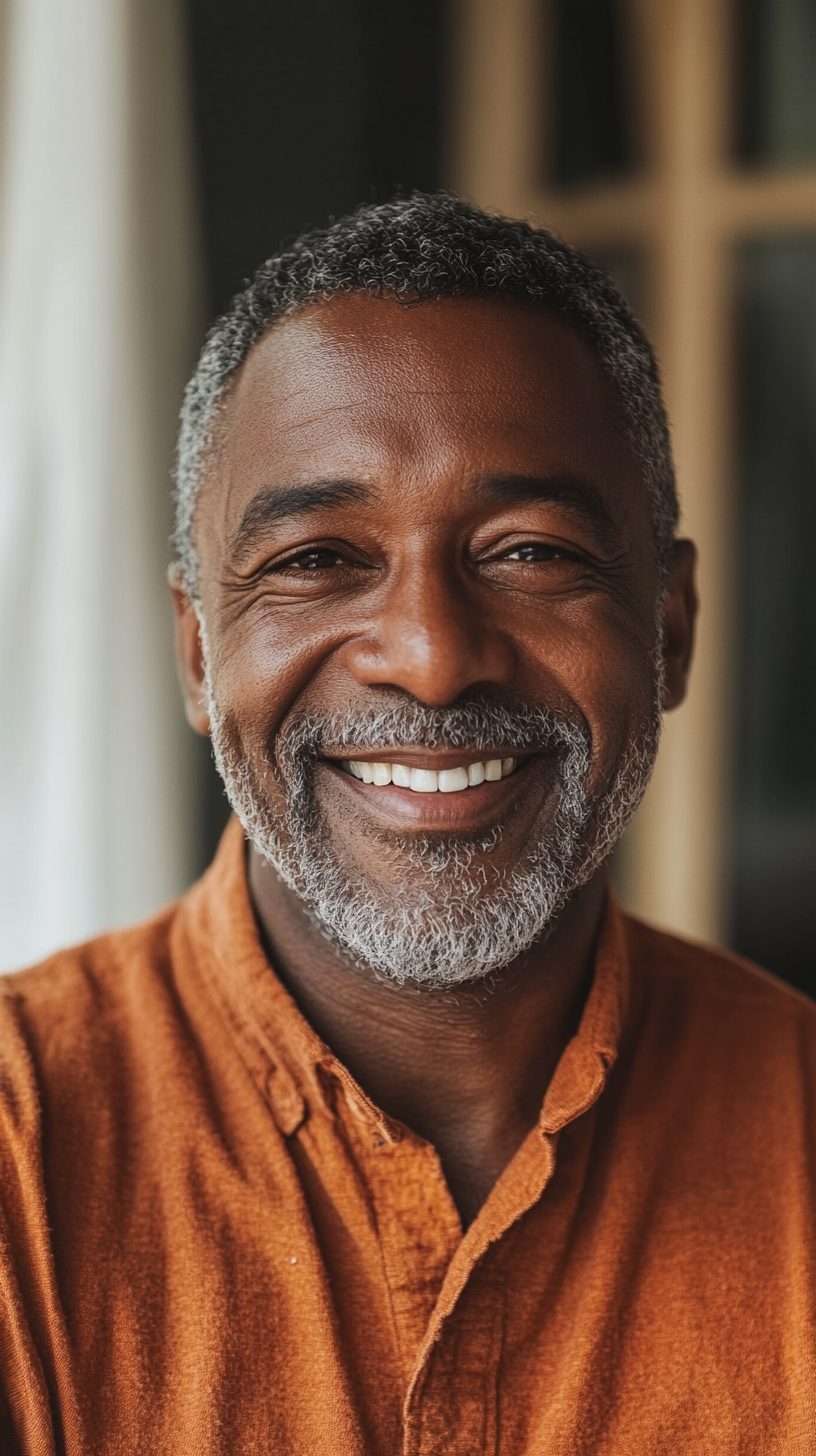 Portrait of happy old black man smiling on zoom.