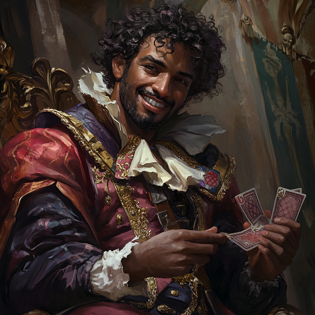 Portrait of man in jester attire with magic cards.