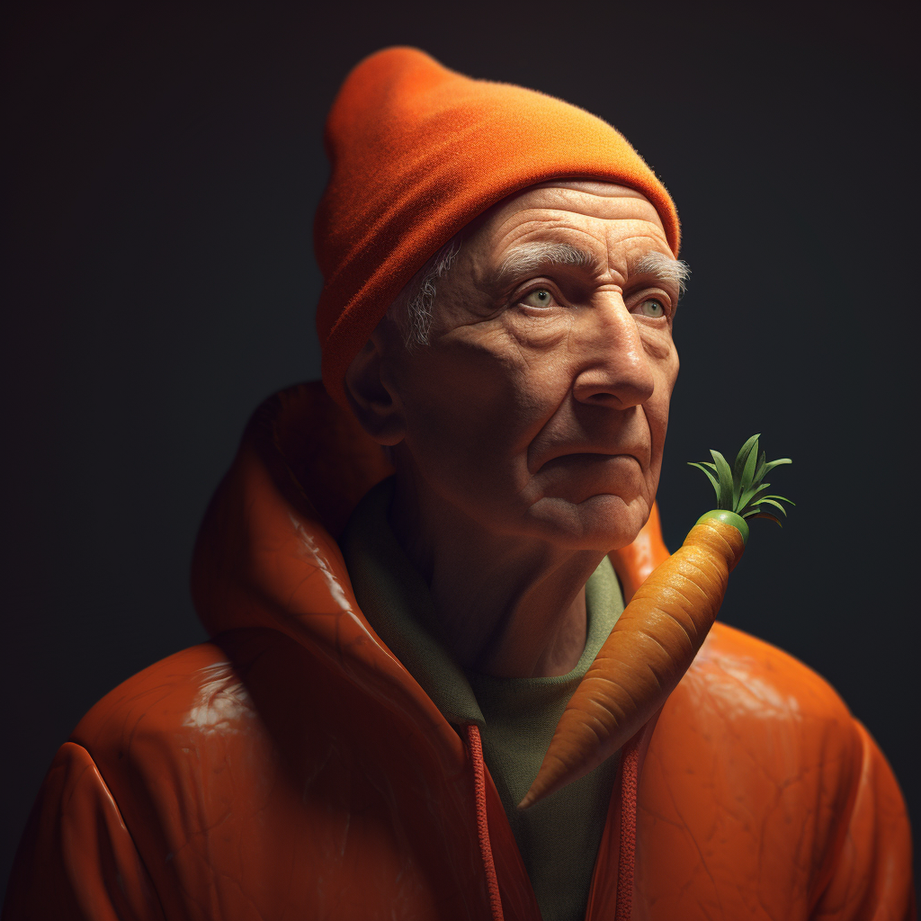 Portrait of man with carrot-shaped head, redshift render