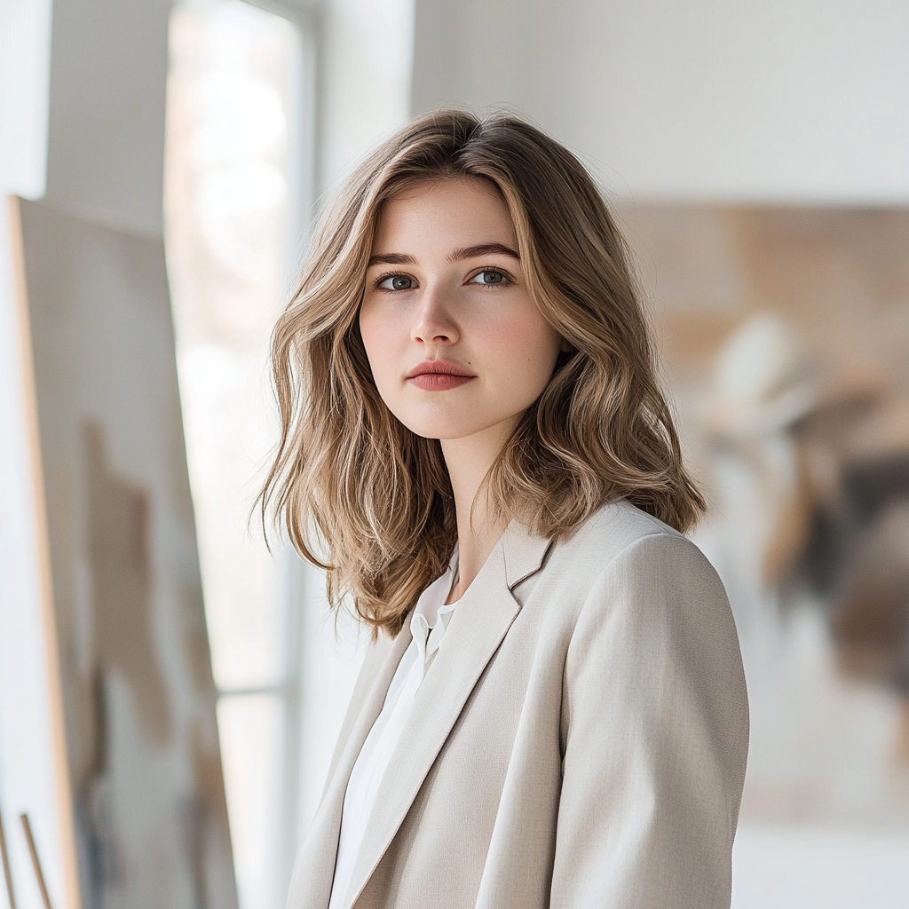 Portrait of mid-20s Caucasian woman in stylish studio.