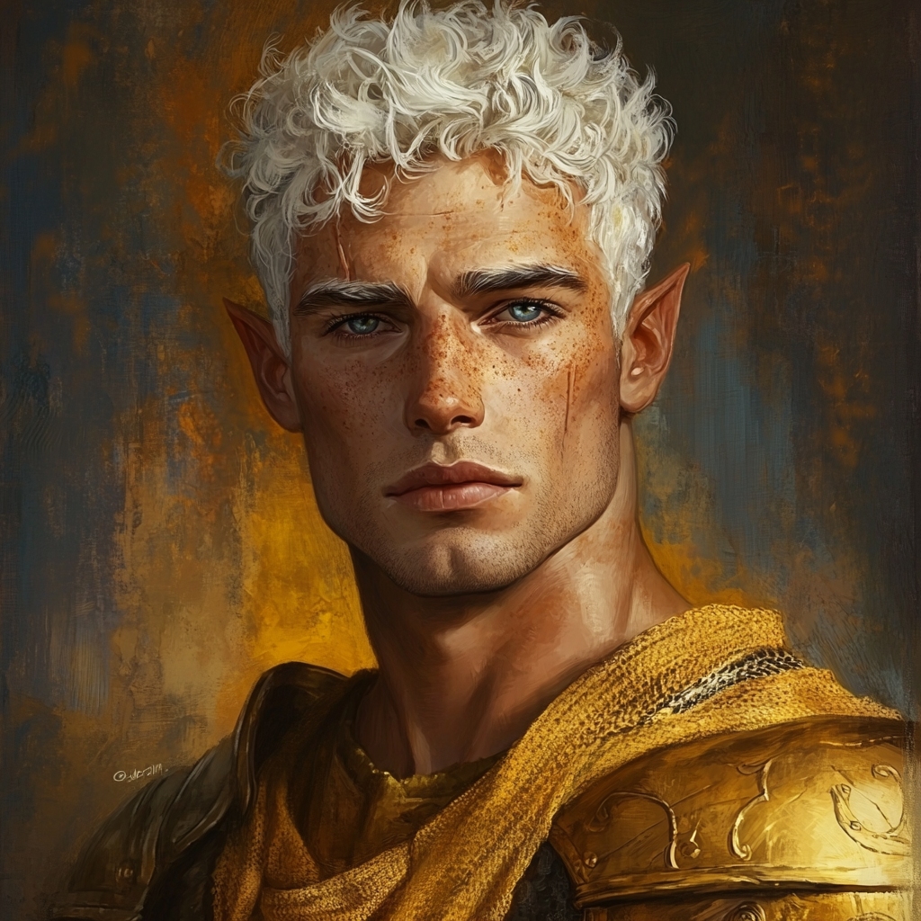 Portrait of muscular half-orc in golden elf armor