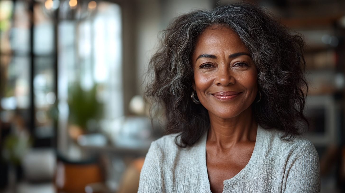 Portrait of smiling black woman with iPad in office.