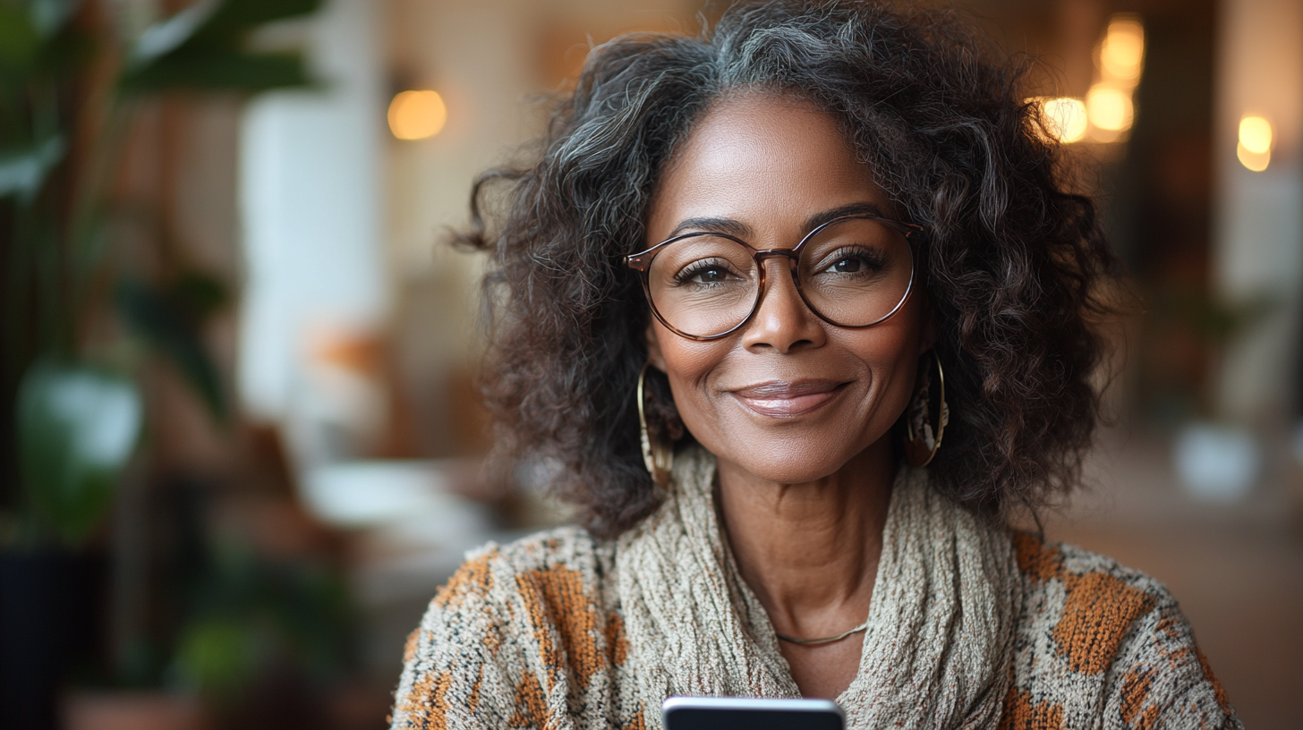 Portrait of smiling black woman with long hair sitting.