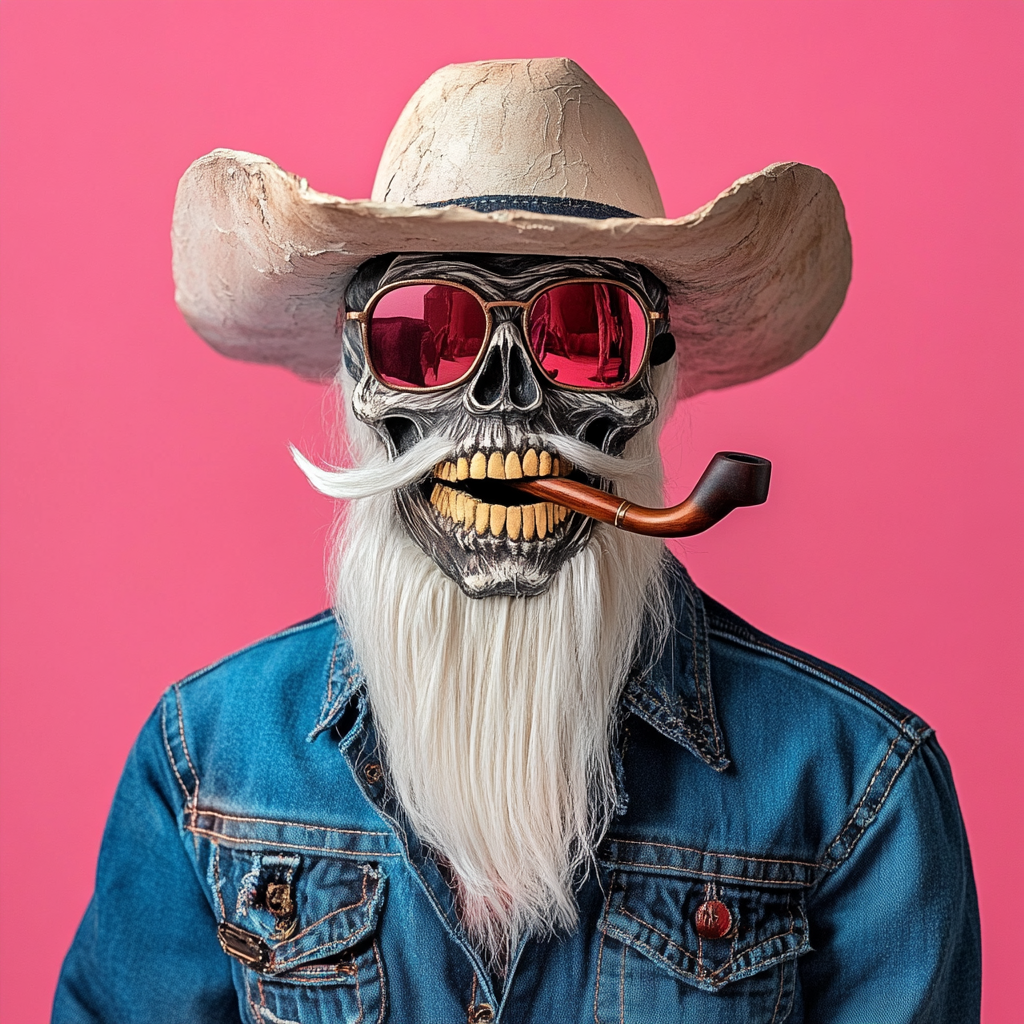 Portrait of smiling cowboy skull in pink background.