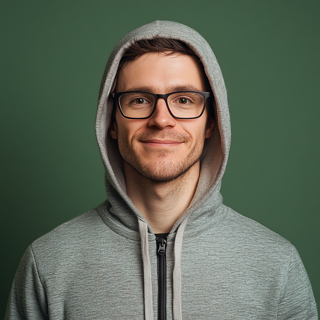 Portrait of smiling male nerd in green hoodie.