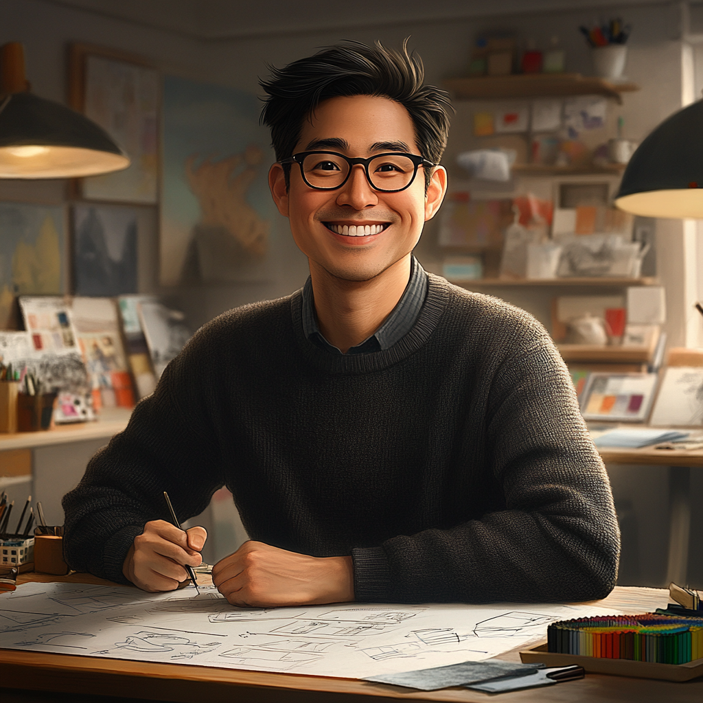 Portrait of smiling man with black hair at desk