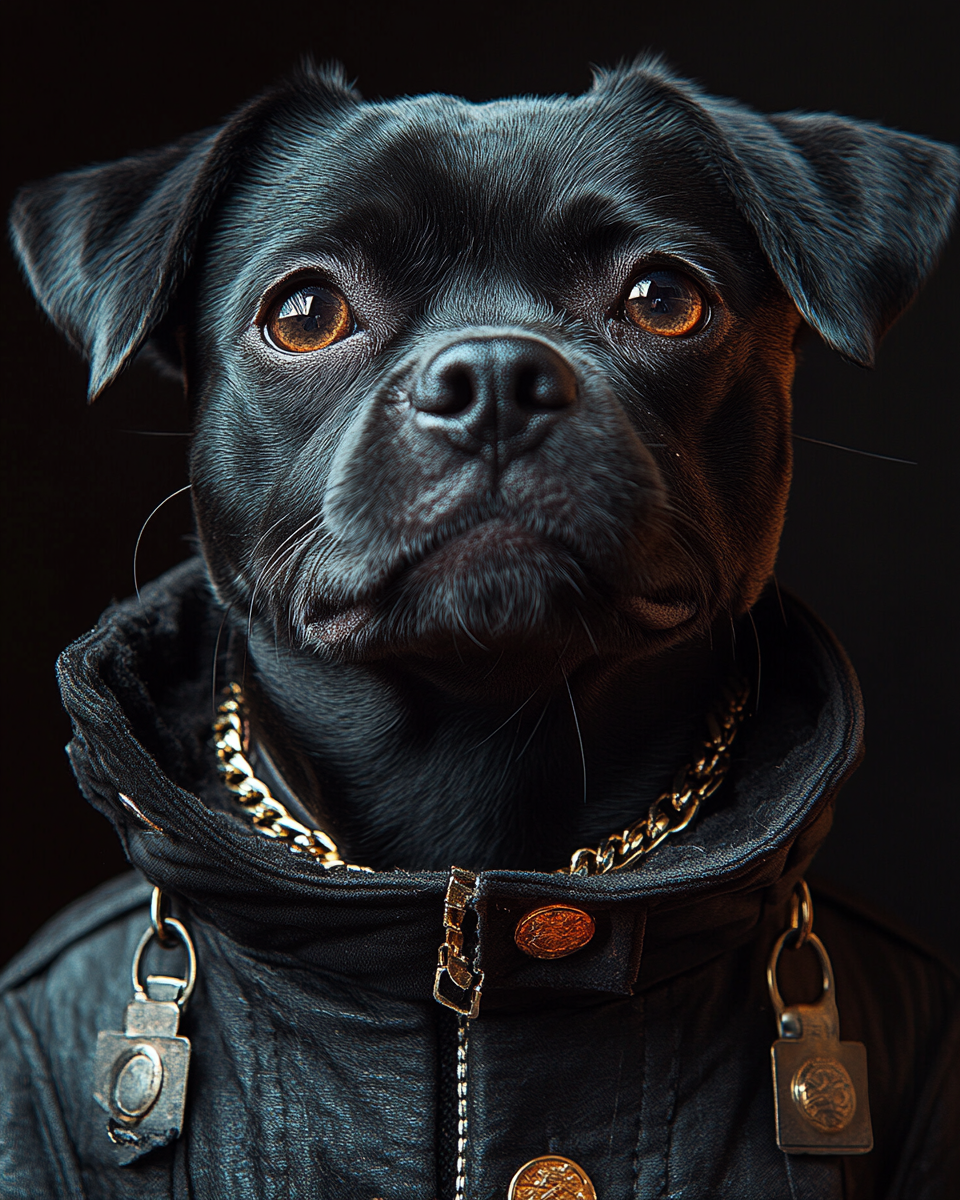 Portrait of stylish black dog in hip hop attire.