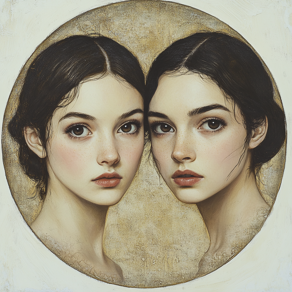 Portrait of two sisters, one blushing, in Jane Austen style.