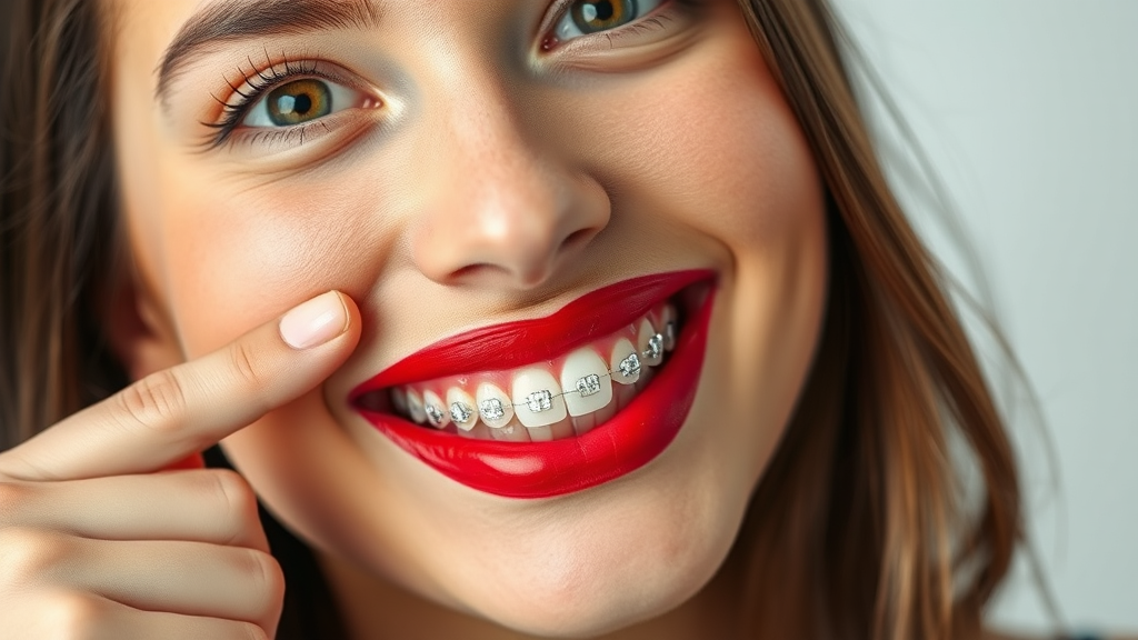 Portrait of woman proudly pointing to clear dental braces.