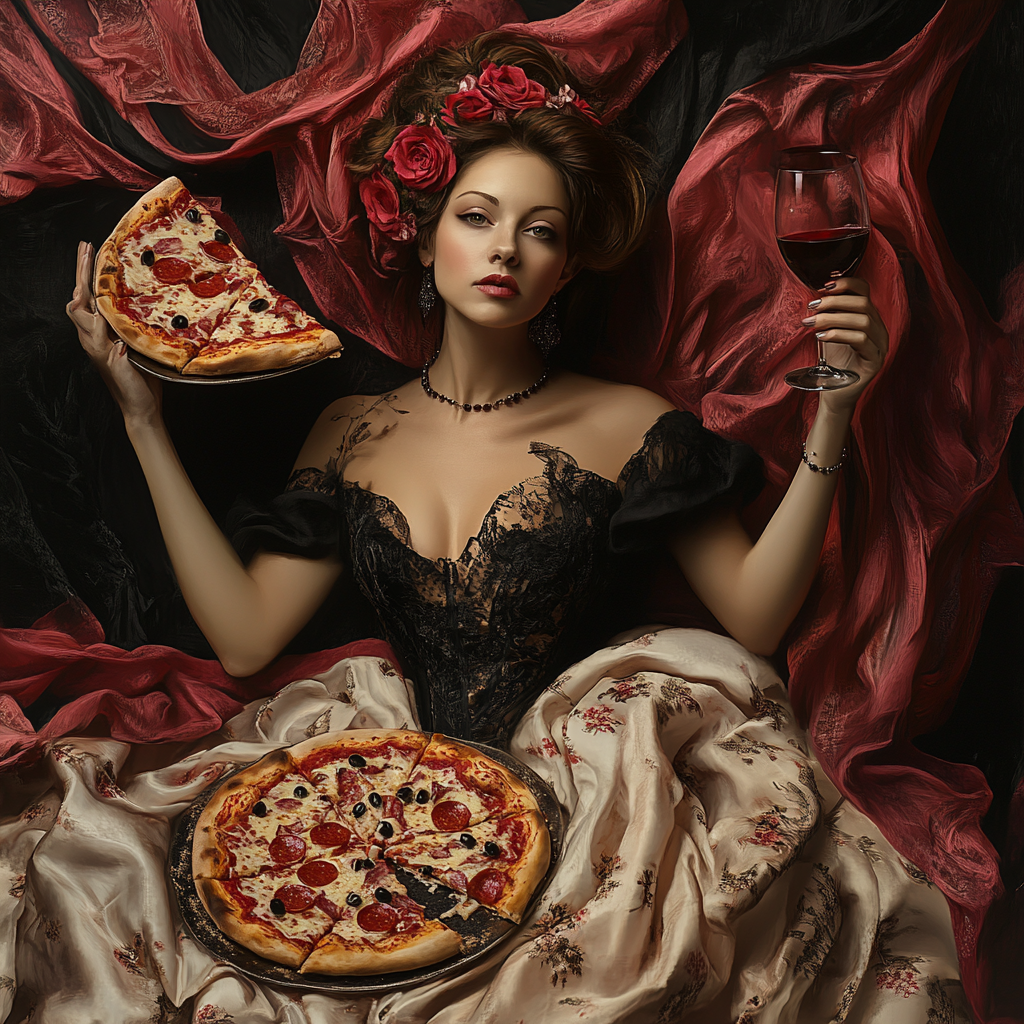 Portrait of woman with pizza, wine, elegant dress