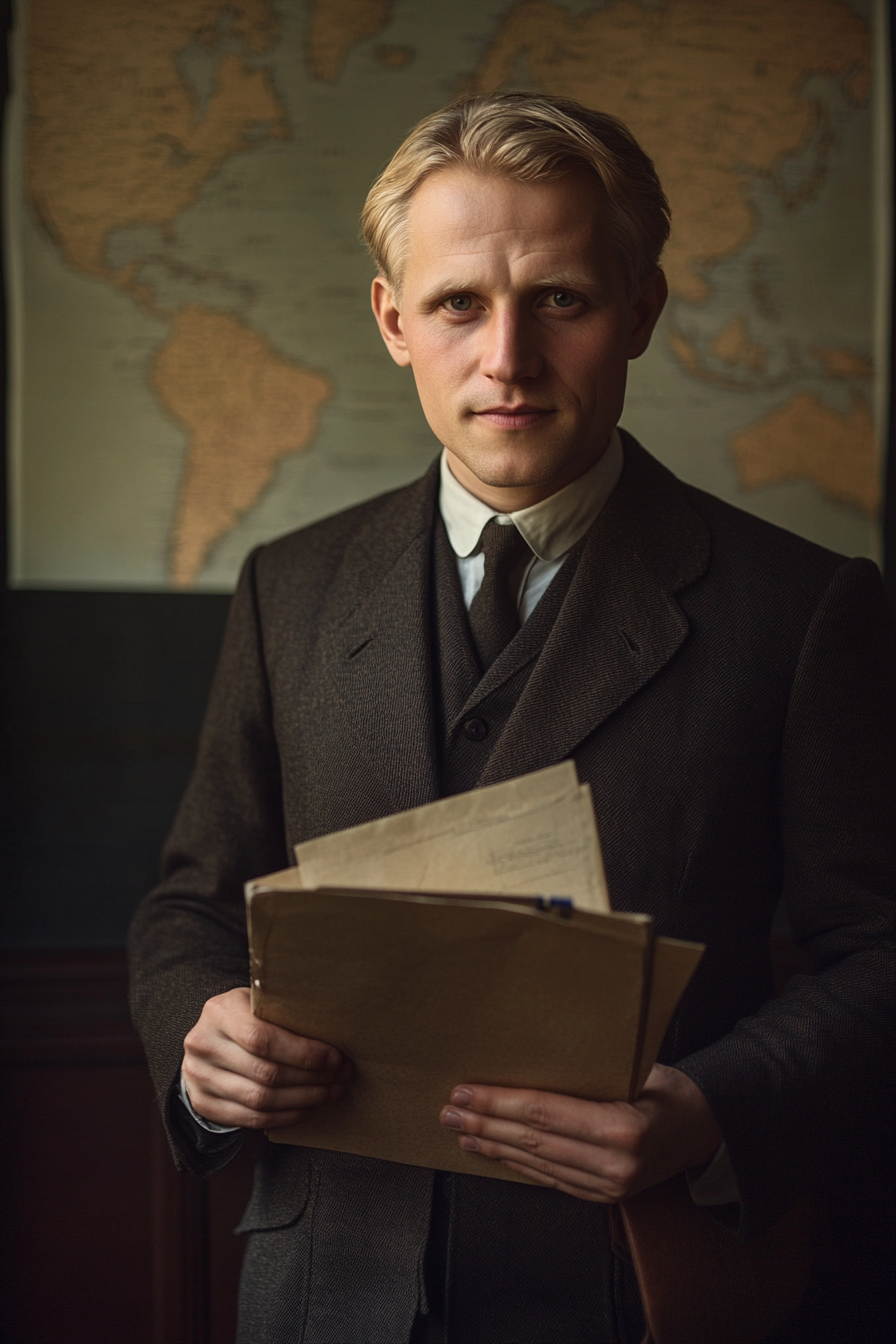 Portrait of young German scientist with papers.