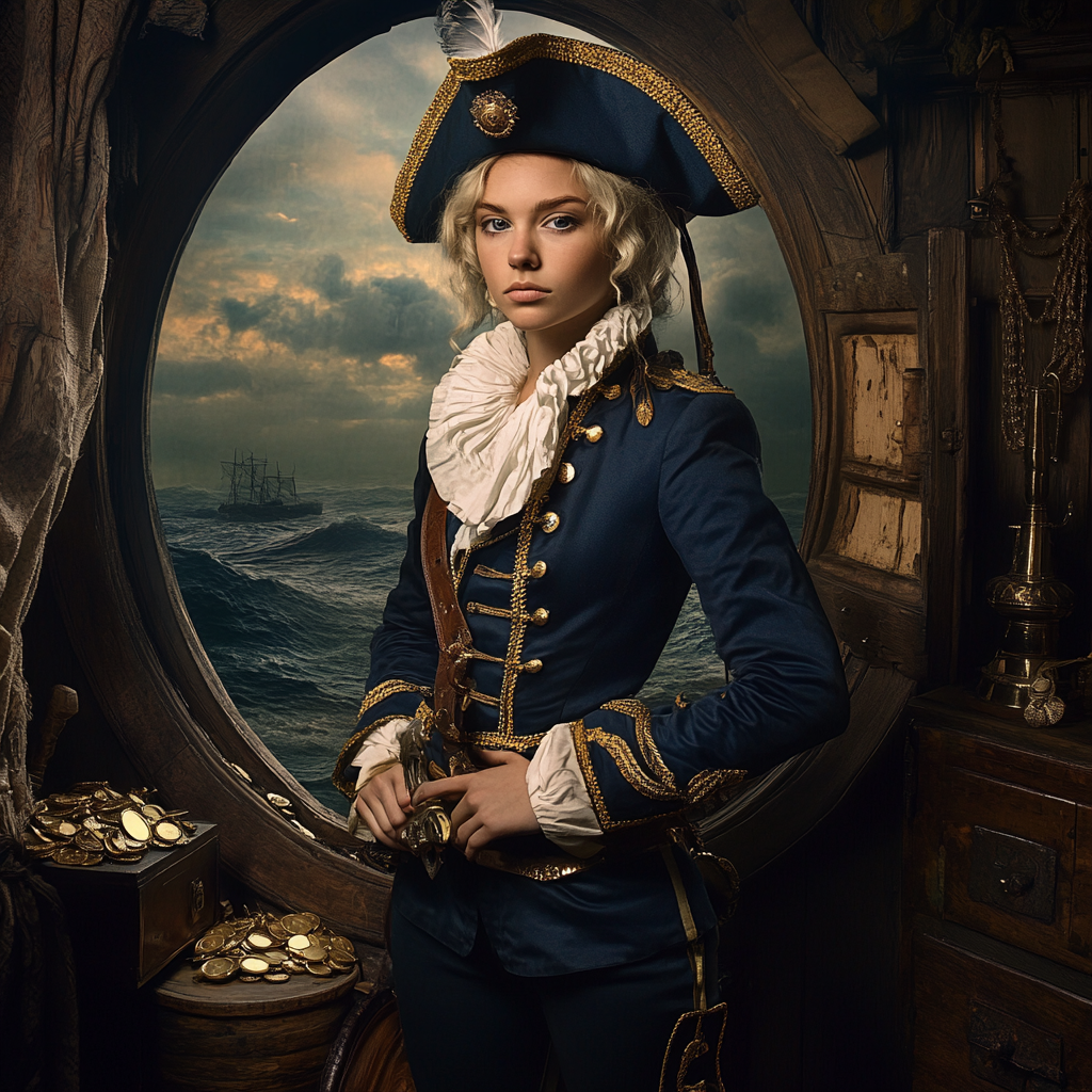 Portrait of young female naval officer in 18th-century style