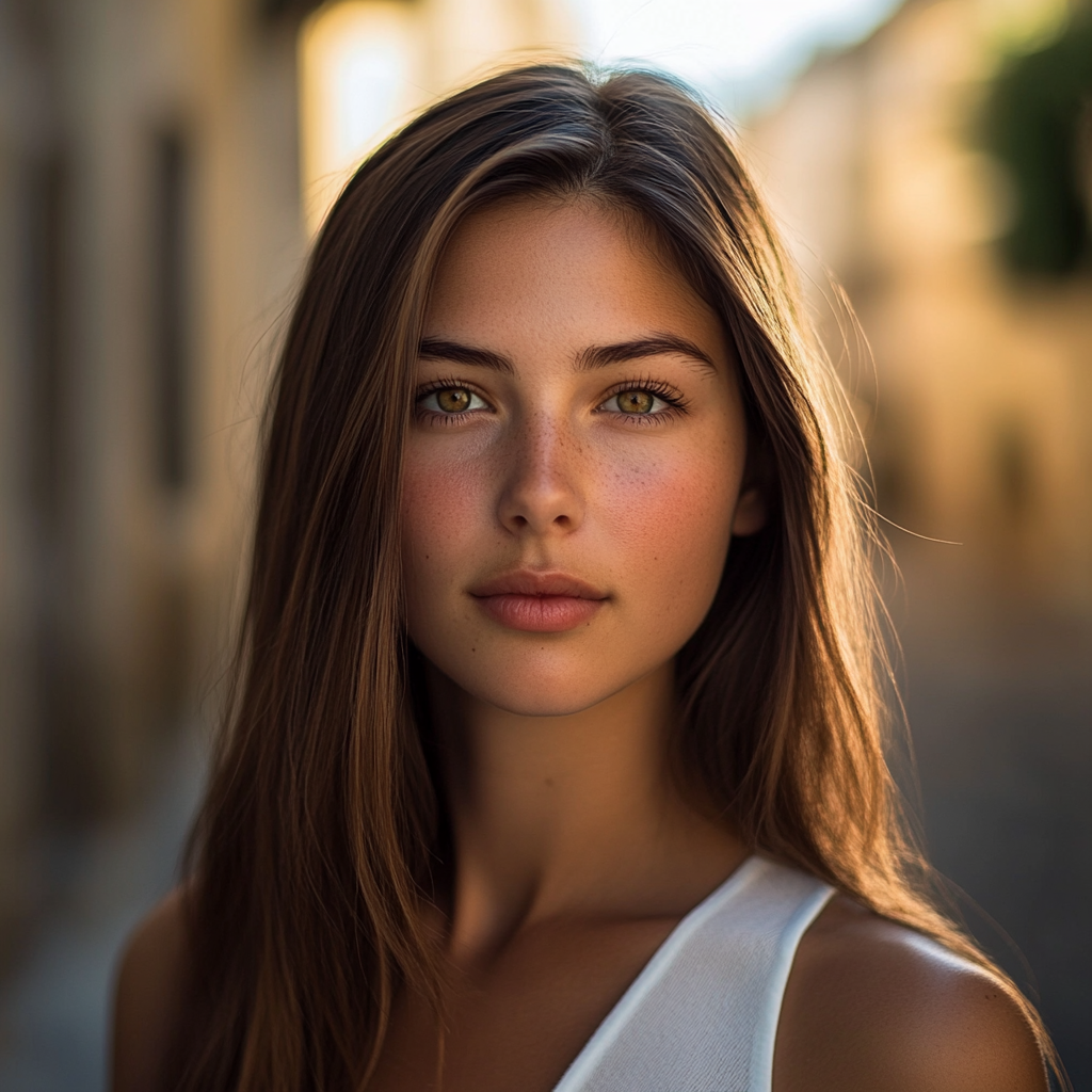 Portrait of young lady in charming old town sunset