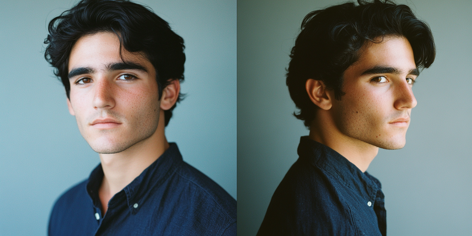 Portrait of young man in navy shirt, split.