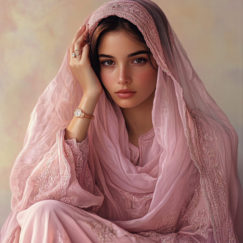 Portrait of young woman in Moroccan attire peacefully seated.