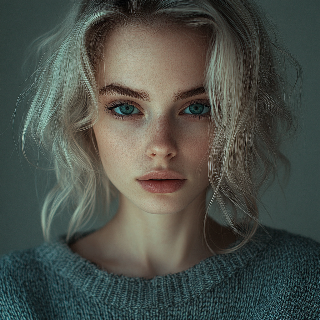 Portrait of young woman with pale skin, blonde hair.