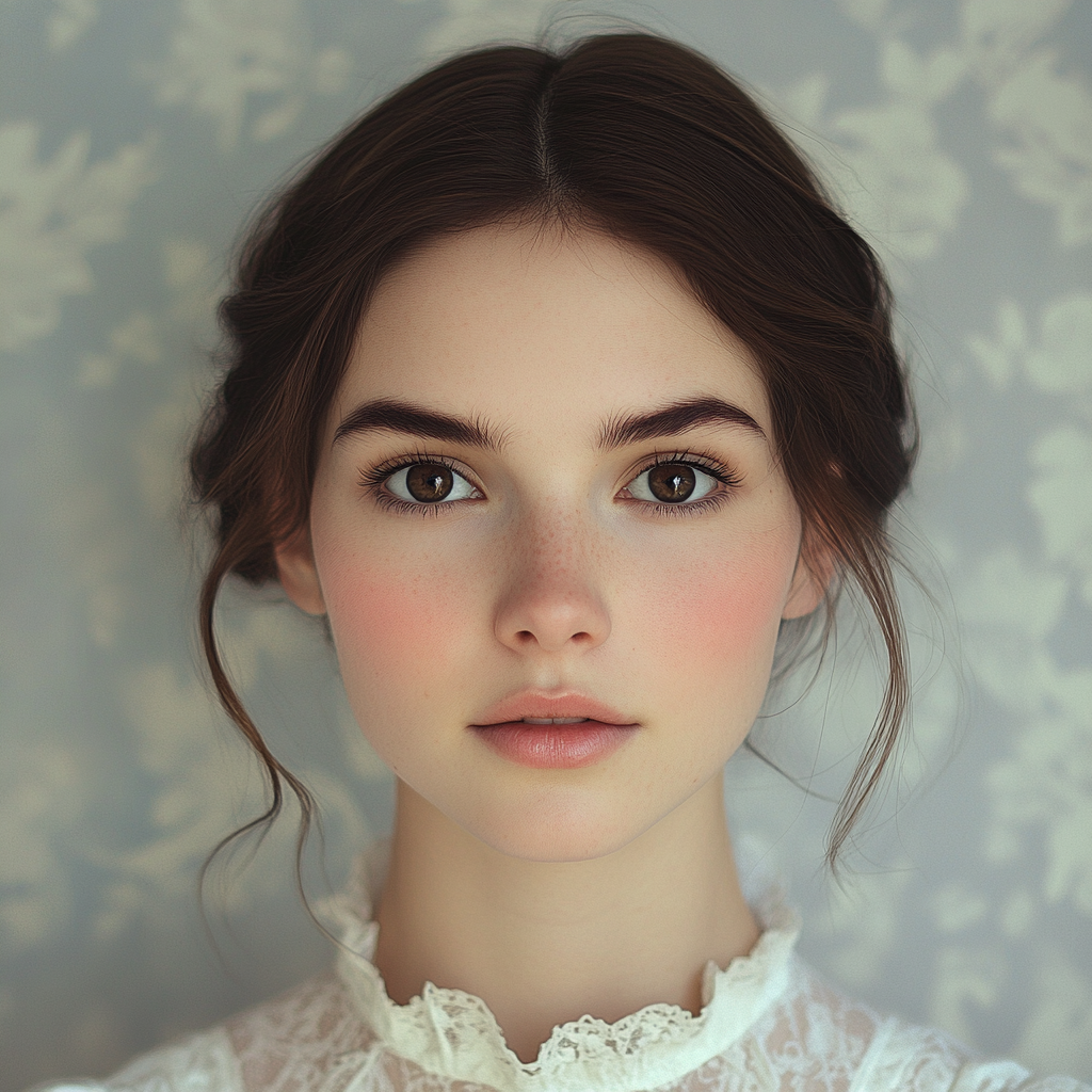 Portrait of young woman with symmetrical features, doe eyes.