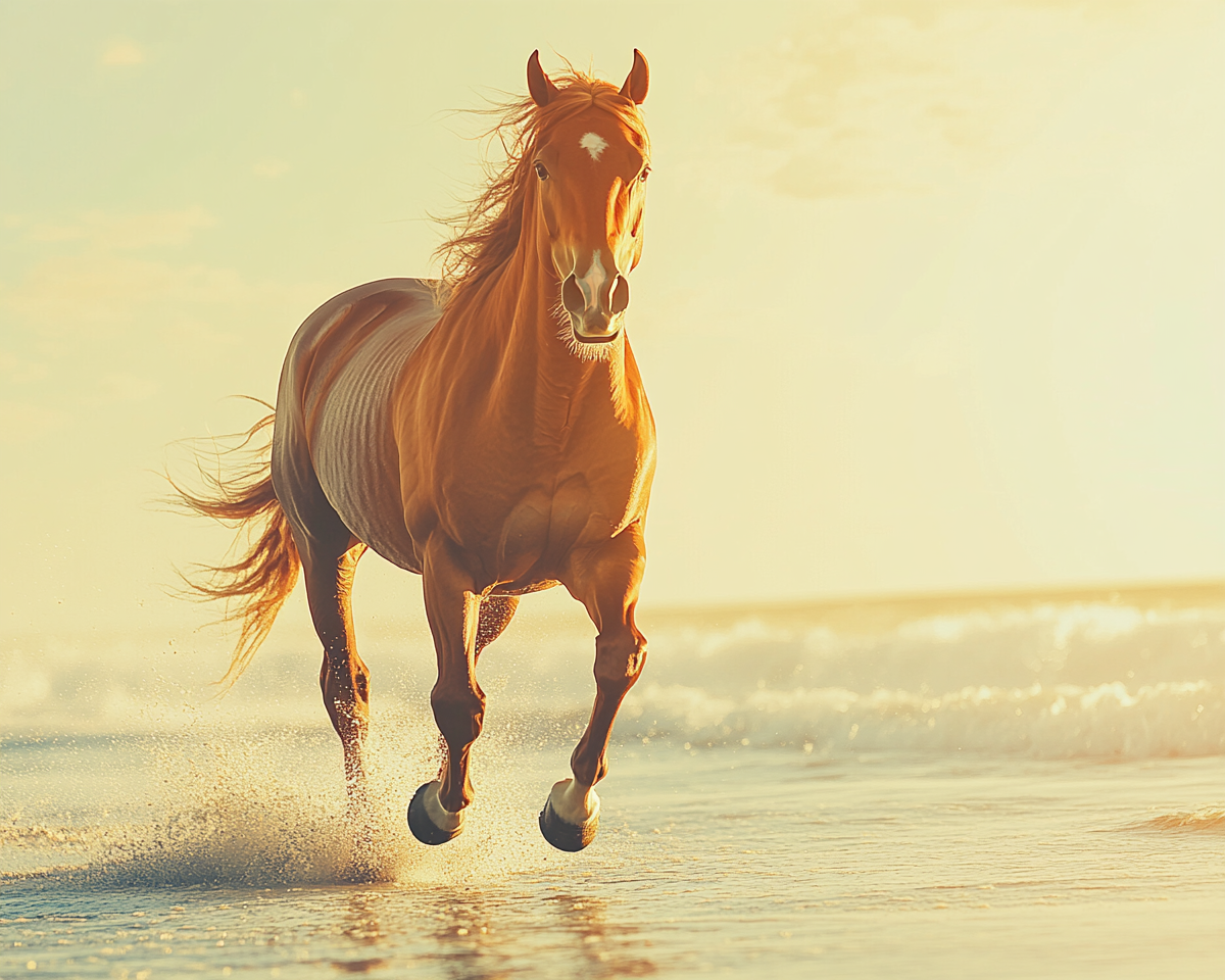 Portrait photo of horse running on beach, 1960s, artistic.