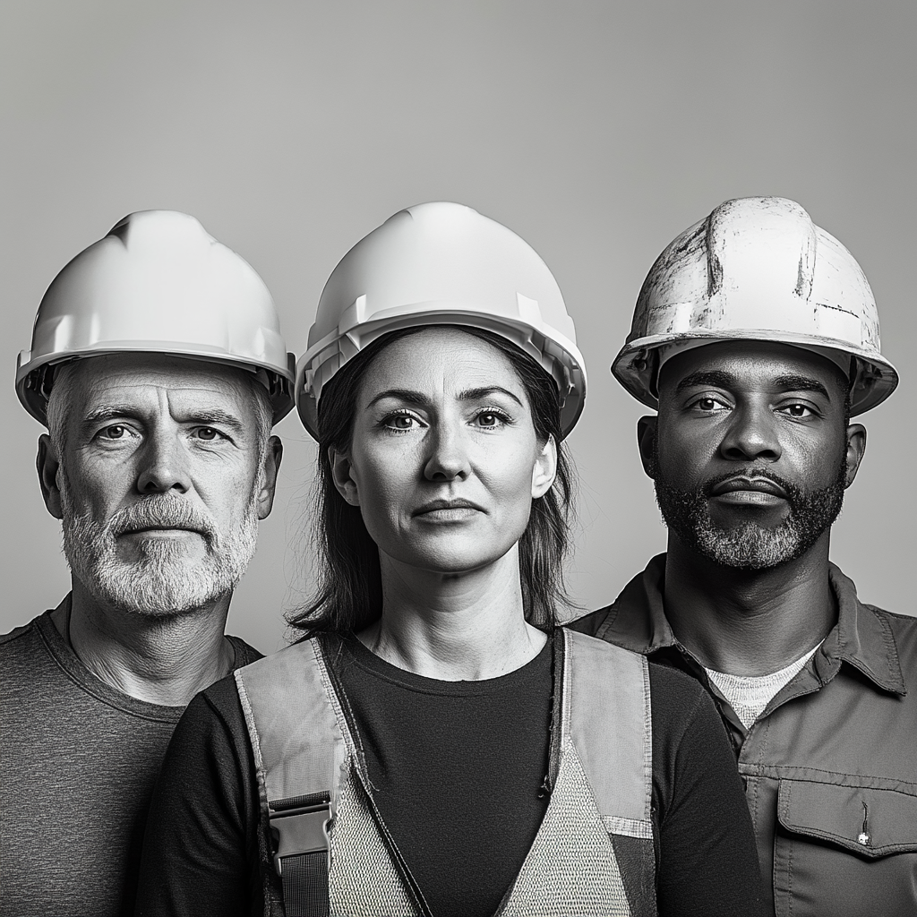 Portrait photography of construction team in black and white.