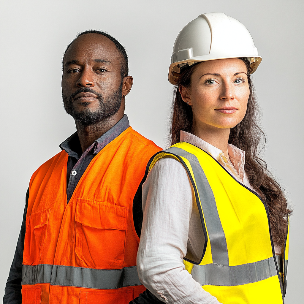 Portrait photography of construction workers and architect woman.