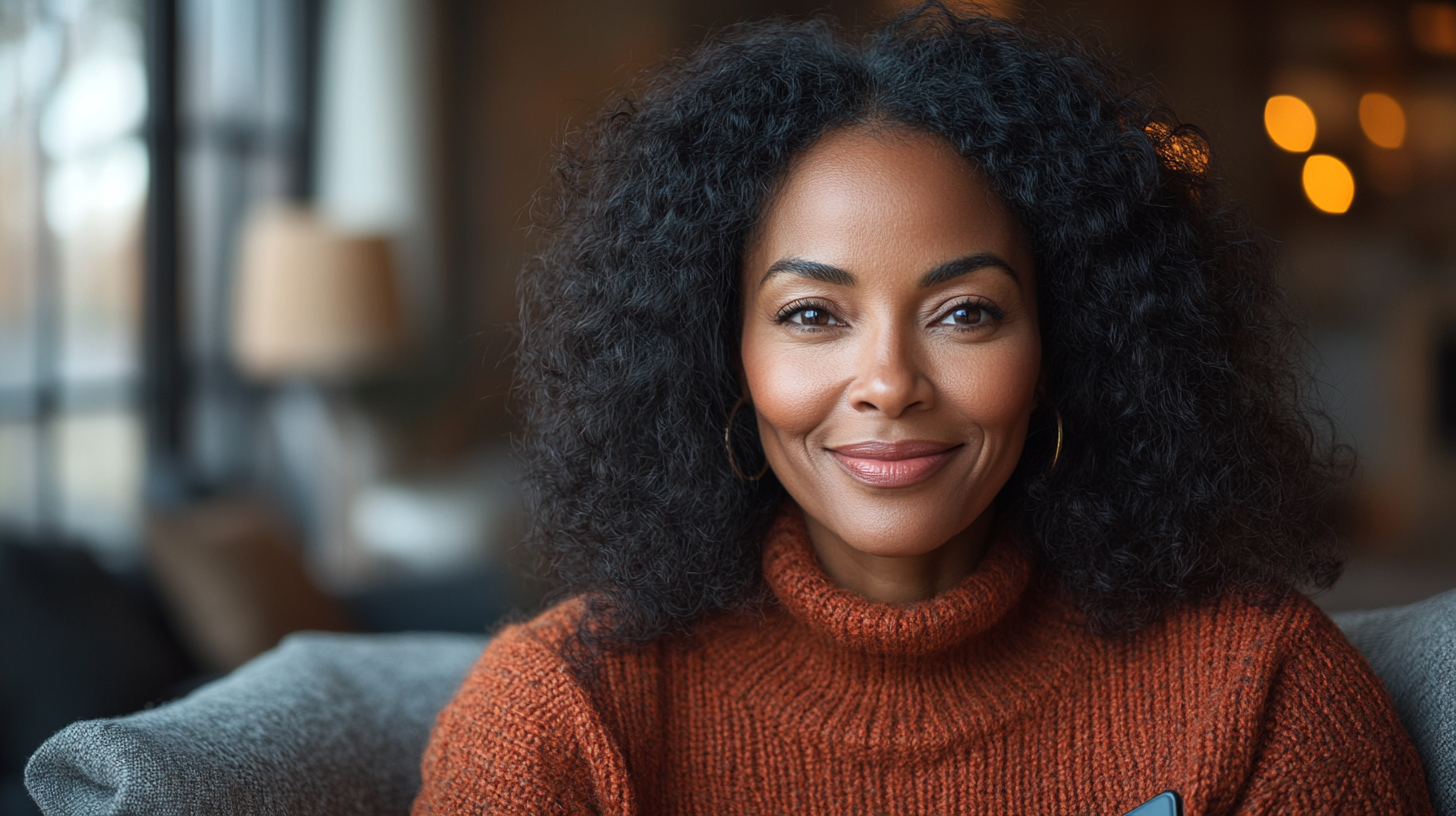 Portrait shot of smiling black woman holding iPad.